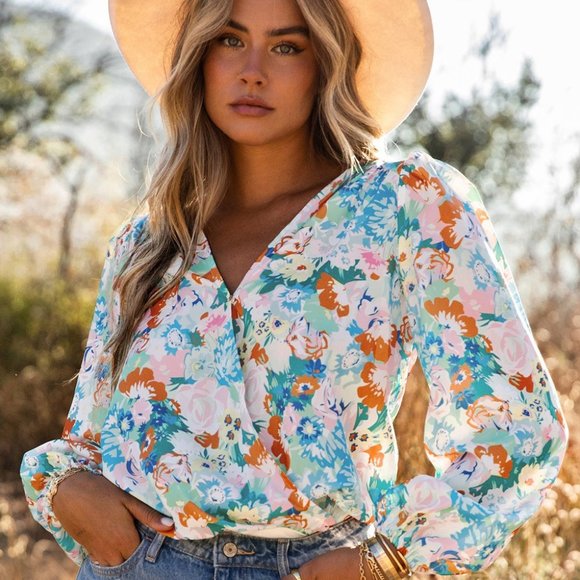 NWT Floral Print Wrap Long Sleeve Bodysuit Blouse - Picture 1 of 4